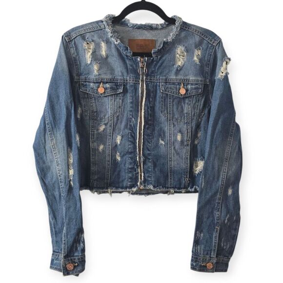 BBJ Los Angeles Size L Womens Denim Cropped Rose Gold Zipper Distressed Jacket - Picture 1 of 4